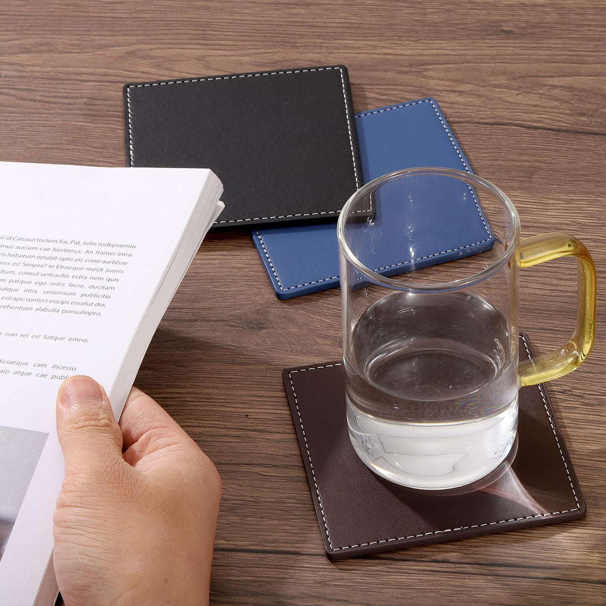 White Stitched Dual Sided Leather Coasters Set of 6 Q93330