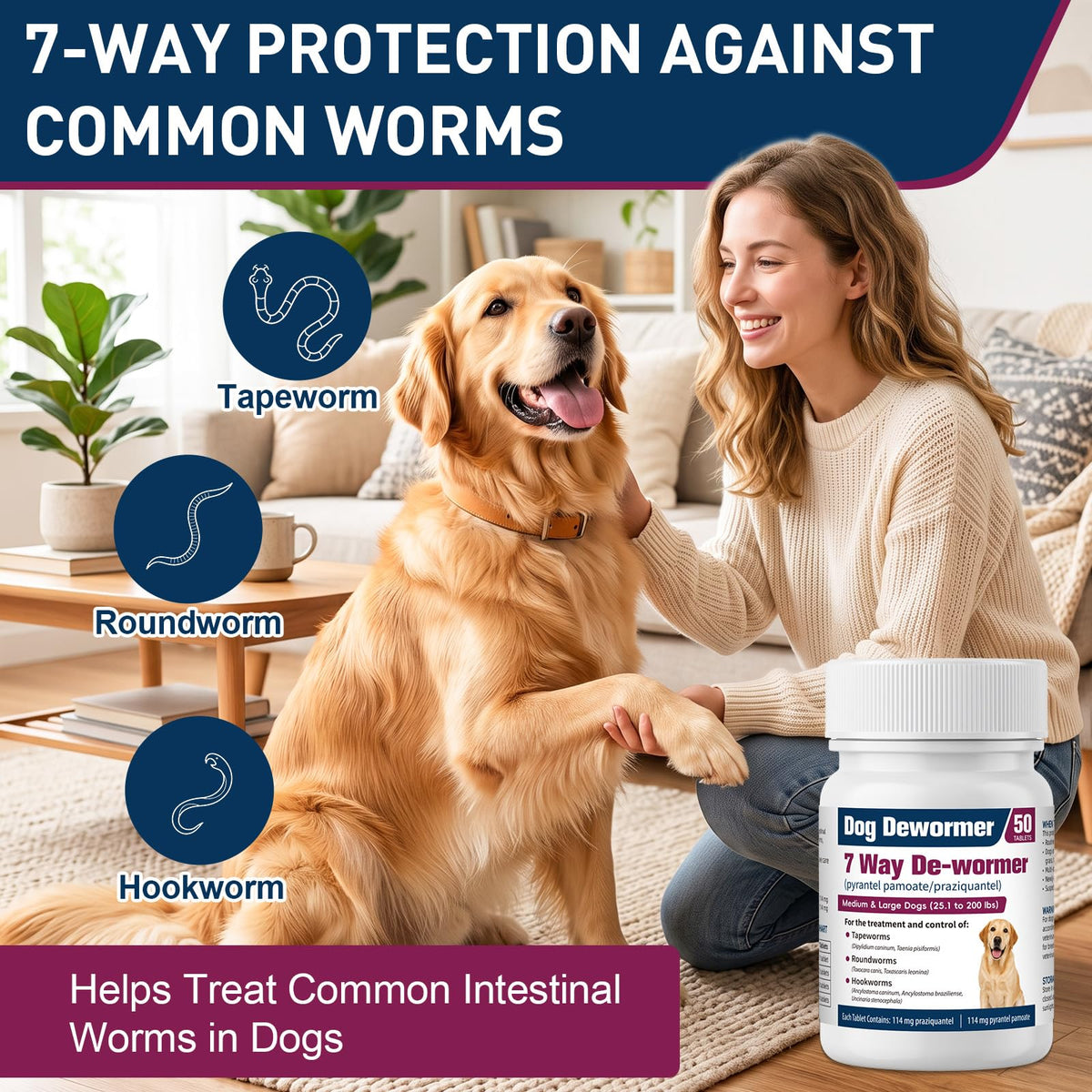 7-Way Dewormer for Large Dogs & Puppies, 50 Tablets U3619