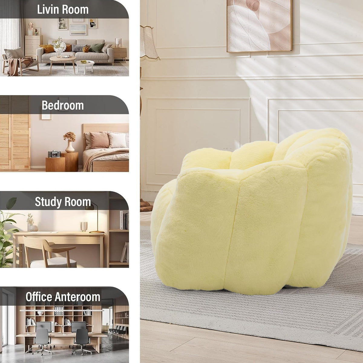 Large Yellow Faux Fur Bean Bag Chair J250381