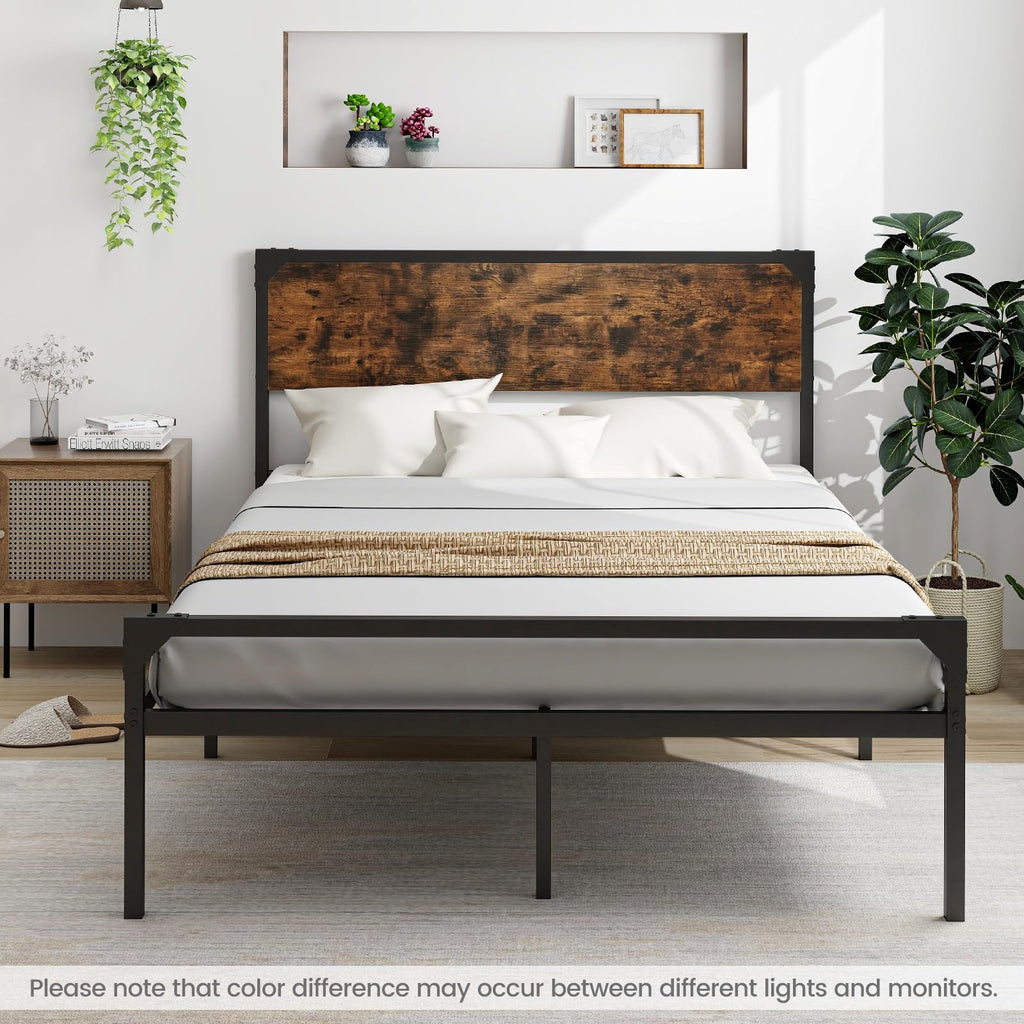 Full Size Metal Platform Bed Frame with Rustic Headboard K171105