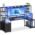 67 Inch Gaming Desk with Storage Shelves, 3 Drawers, LED Lights, Hutch I509