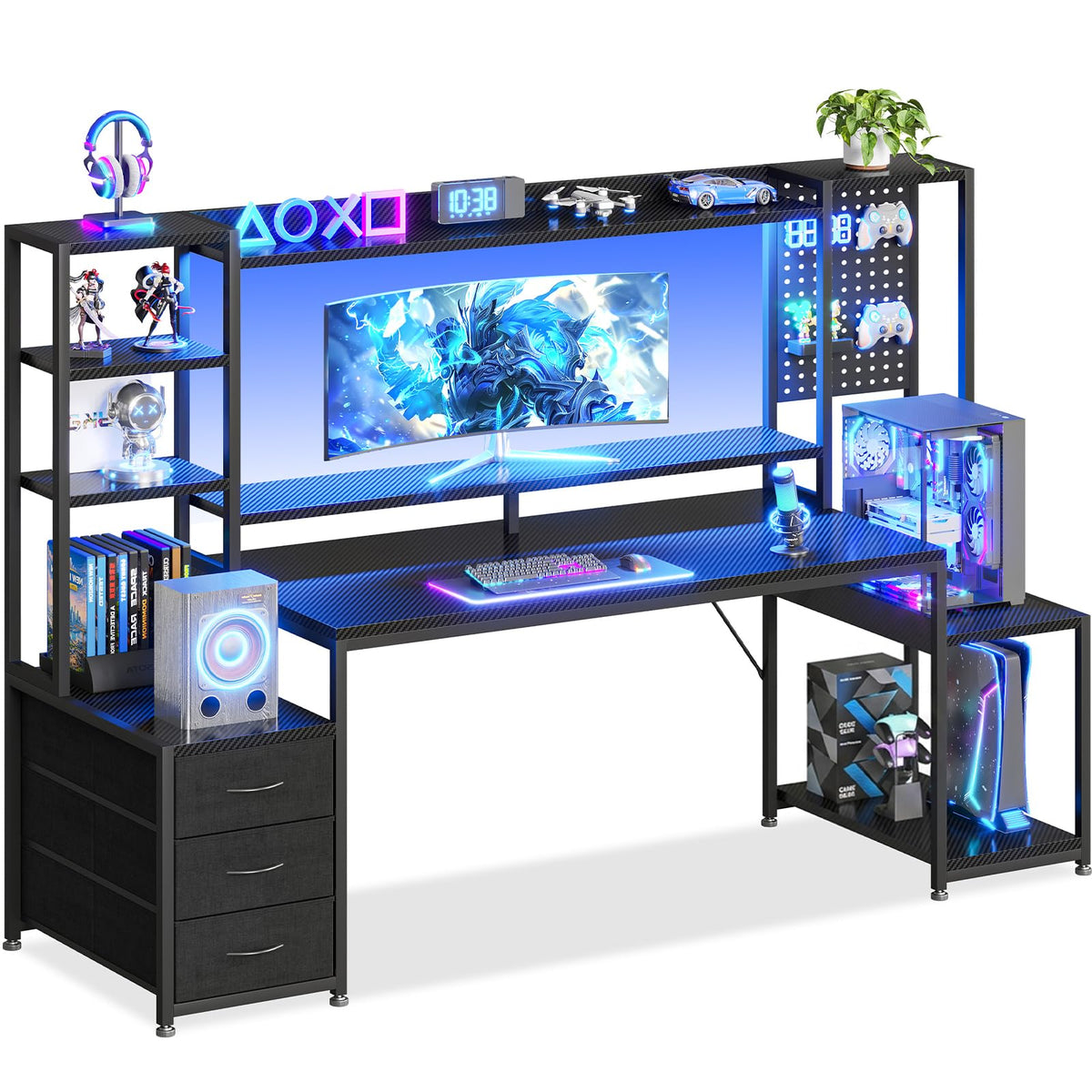 67 Inch Gaming Desk with Storage Shelves, 3 Drawers, LED Lights, Hutch I509