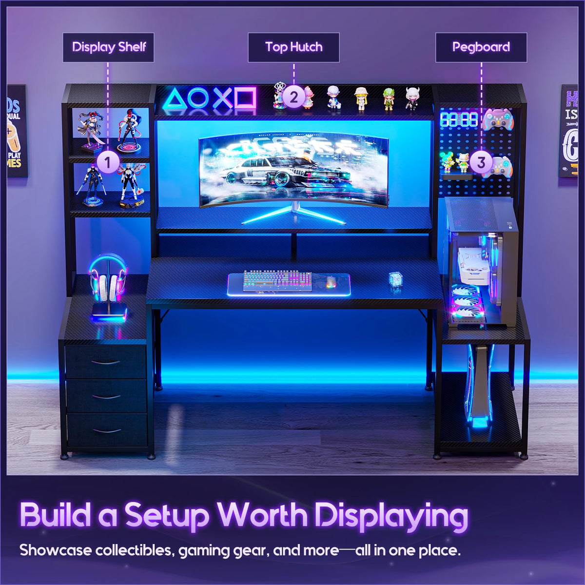 67 Inch Gaming Desk with Storage Shelves, 3 Drawers, LED Lights, Hutch I509
