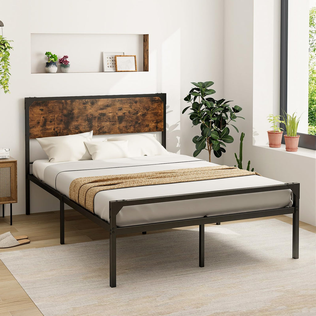 Full Size Metal Platform Bed Frame with Rustic Headboard K171105