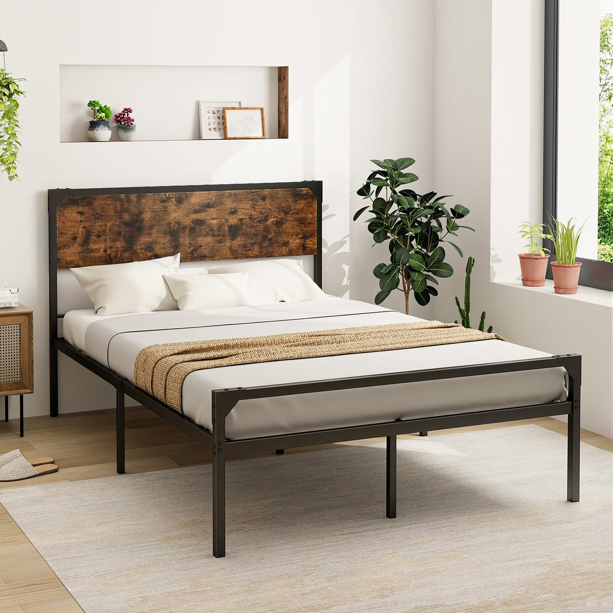 Full Size Metal Platform Bed Frame with Rustic Headboard K171105