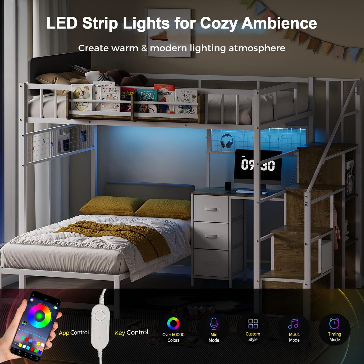 Full Over Twin L-Shaped Metal Loft Bunk Bed with Desk, Stairs, Drawers, Shelves, Charging Station and LED Light C42504