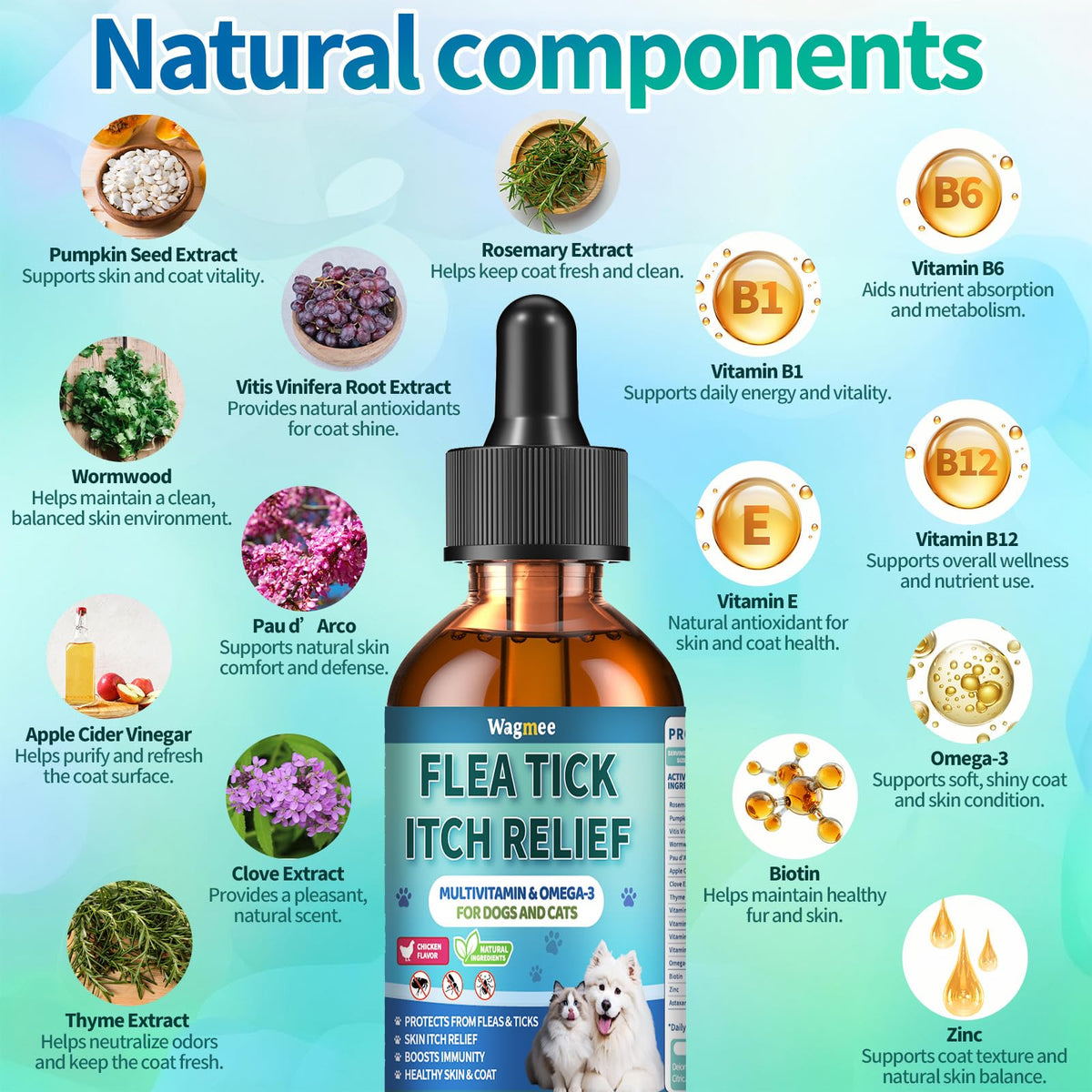 Natural Oral Flea and Tick Drops with Multivitamin for Pets D563803