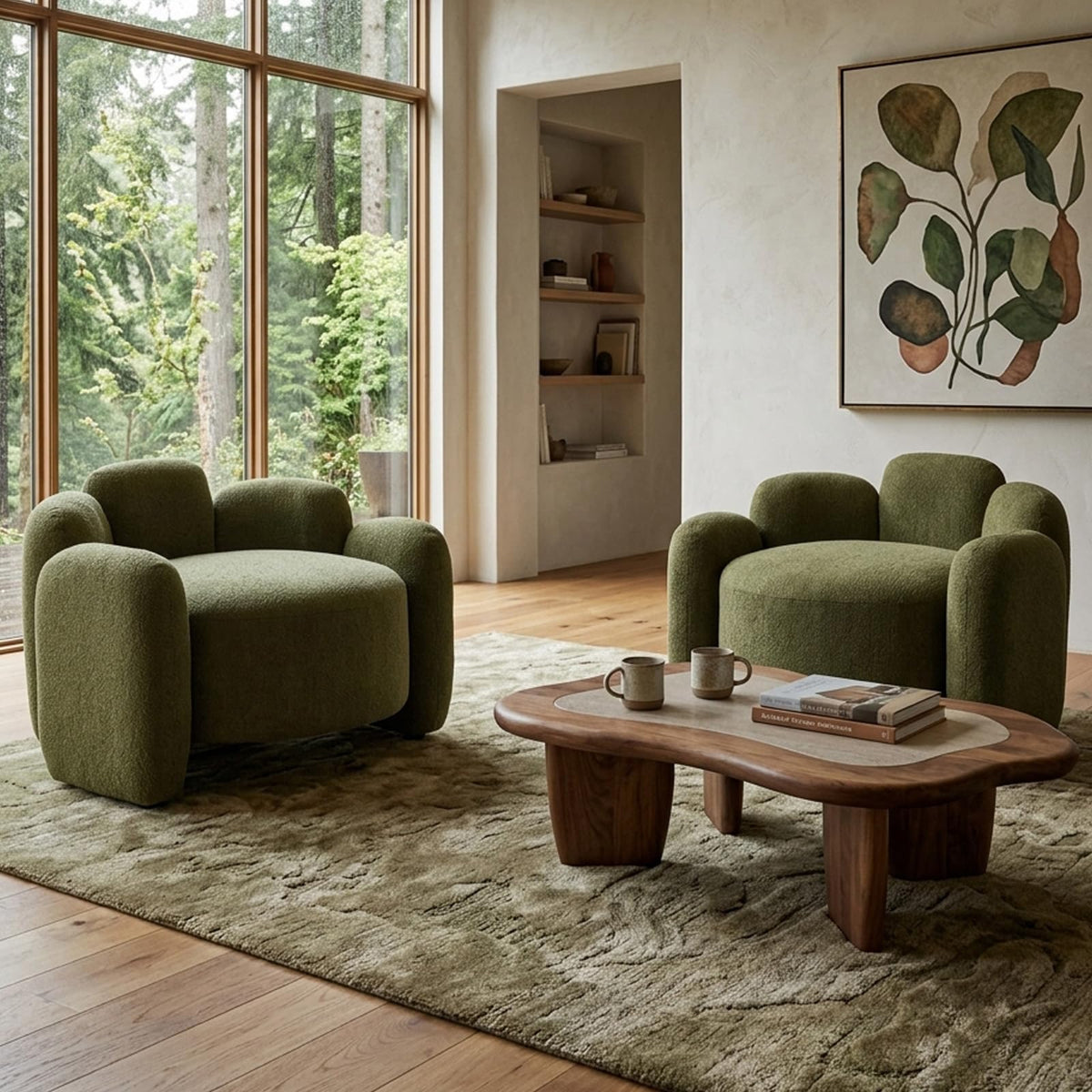 Green Mid-Century Modern Accent Chairs Set of 2 Upholstered Barrel Side Chairs with Solid Wood Base X478
