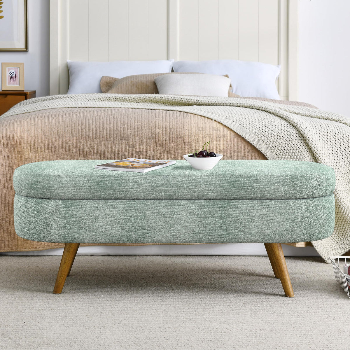 Cream Oval Boucle Storage Ottoman with Wooden Legs A207