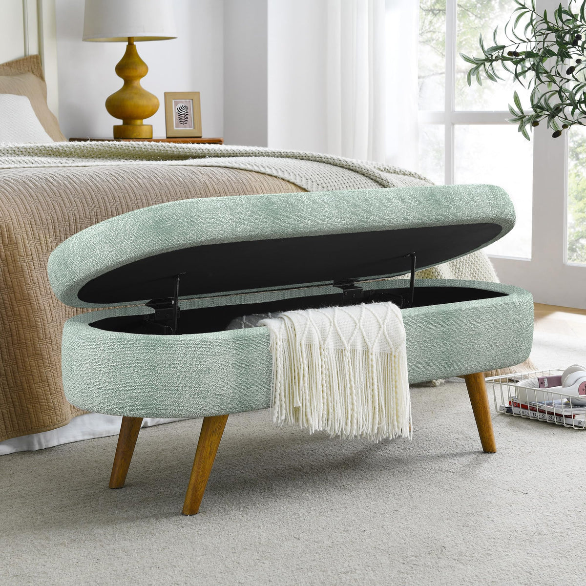 Cream Oval Boucle Storage Ottoman with Wooden Legs A207