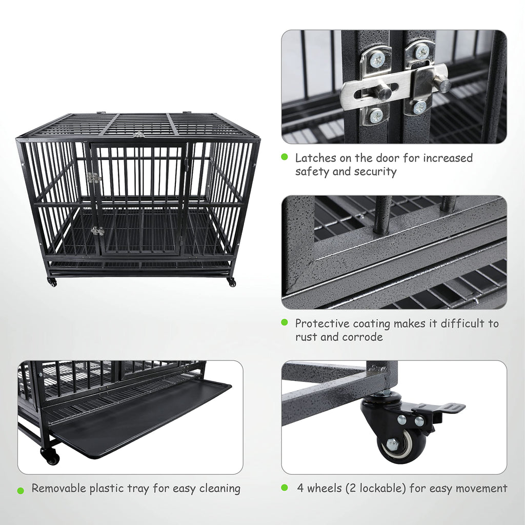 42 inch Heavy Duty Metal Dog Cage with Double Doors & Lockable Wheels I746401