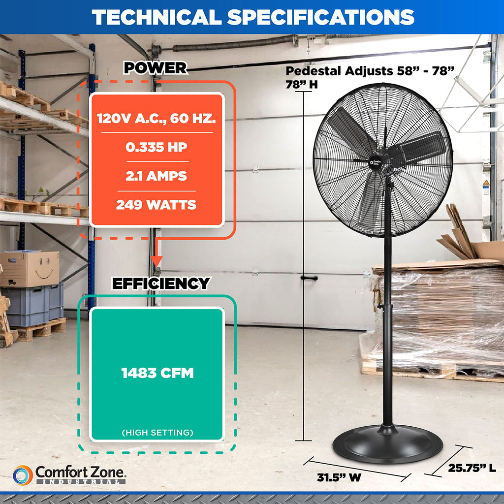 Industrial Pedestal Fan, 30 inch, 3 Speed, Adjustable Height, Metal X6706