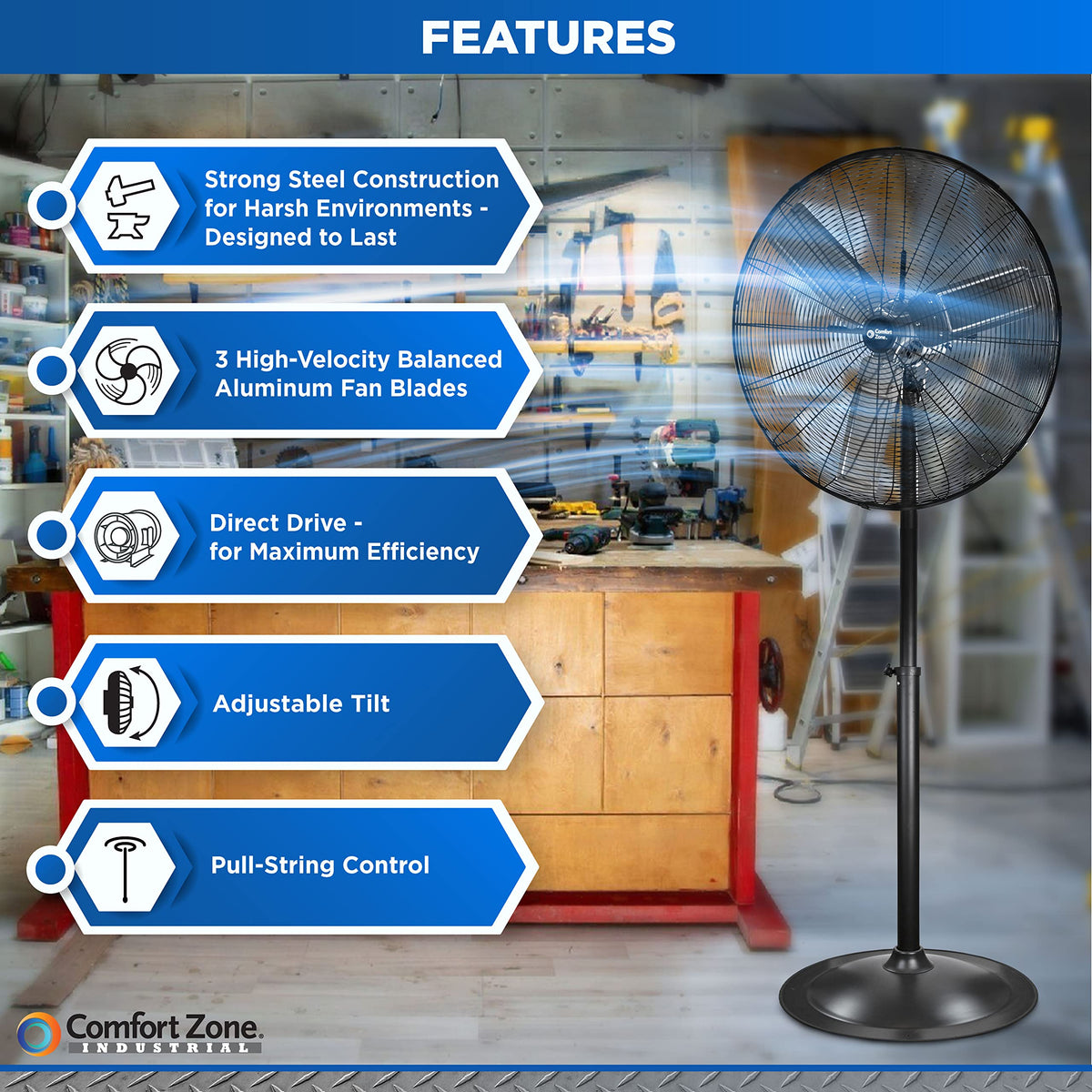 Industrial Pedestal Fan, 30 inch, 3 Speed, Adjustable Height, Metal X6706