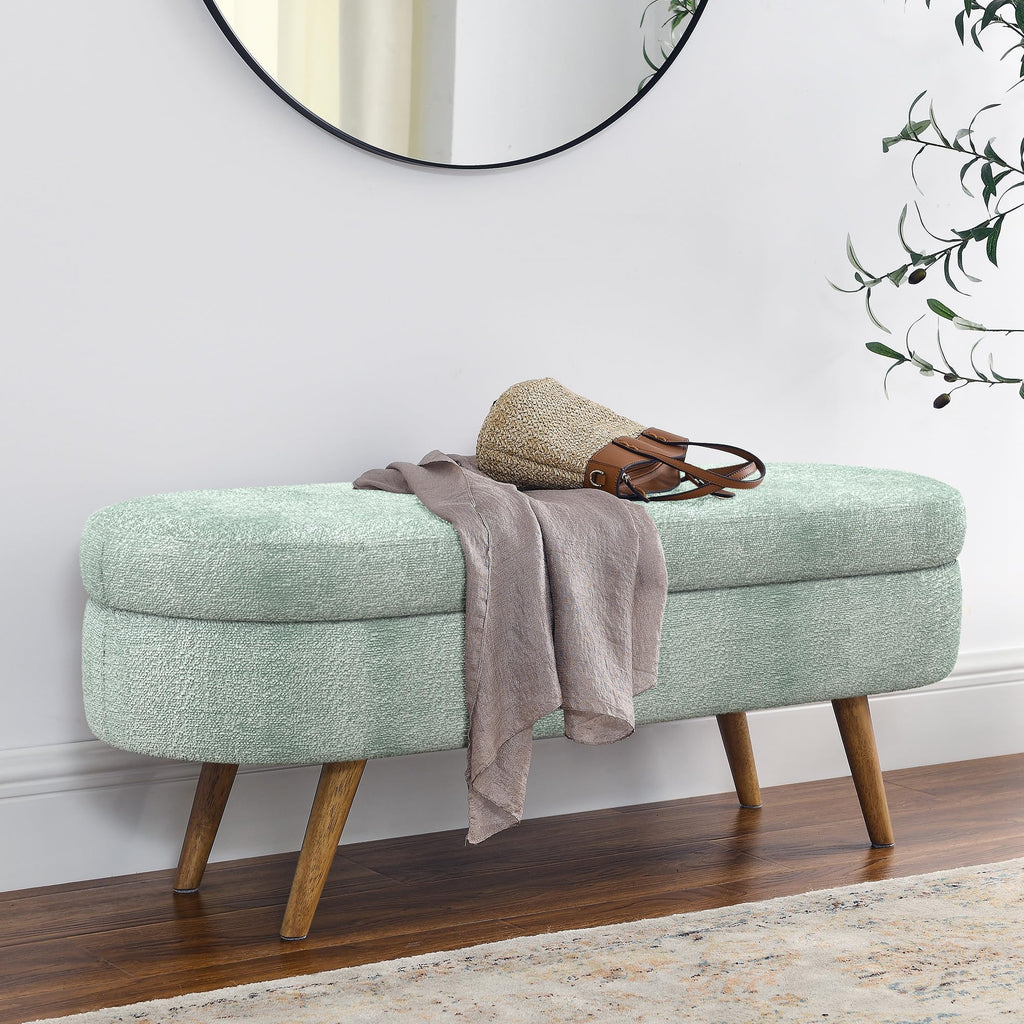 Cream Oval Boucle Storage Ottoman with Wooden Legs A207