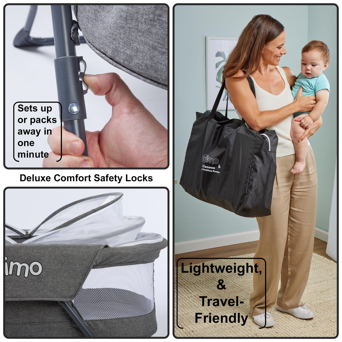 Lightweight Folding Travel Bassinet with Mesh Canopy and Carrying Tote Bag D30751