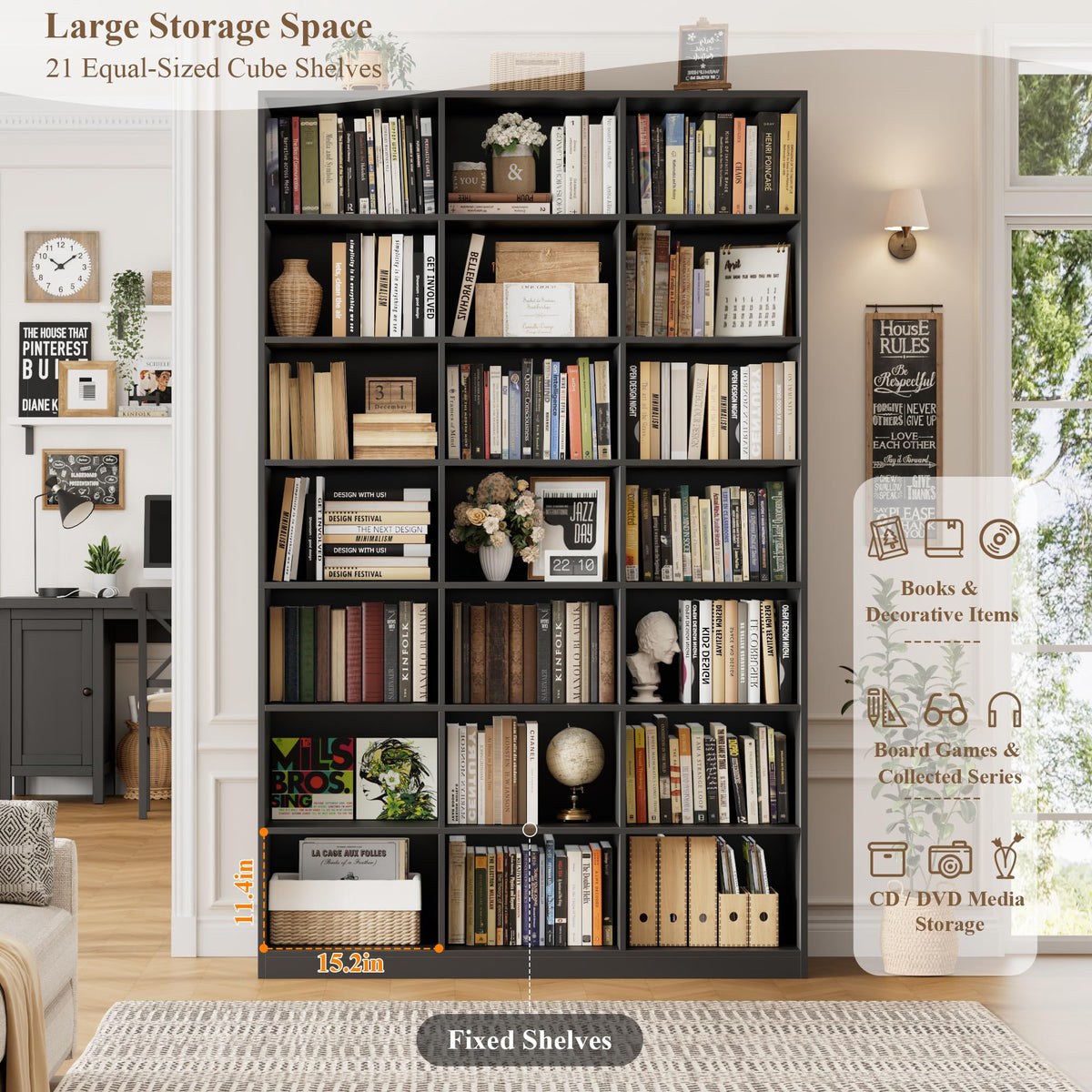 86" Triple Wide Black Bookshelf and Bookcase S958